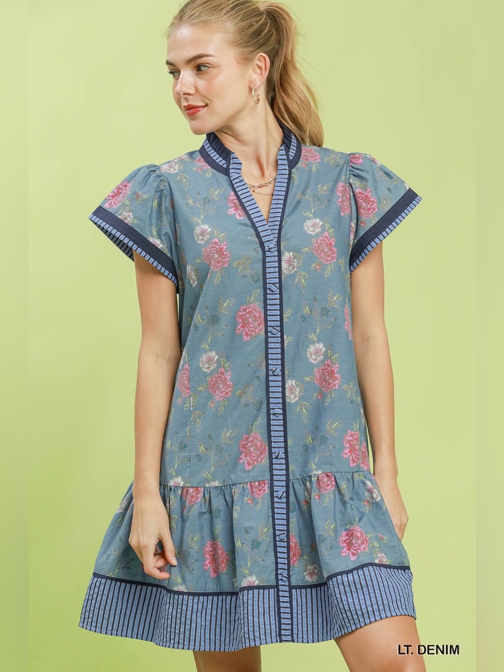 Umgee Floral Contrast Trim Ruffle Hem Mini Dress